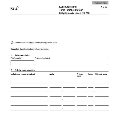 Document preview: Kuntoutuslasku KU 201: Yksityiskohtainen opas — Terveys (CERFA n°Kela KU 201)