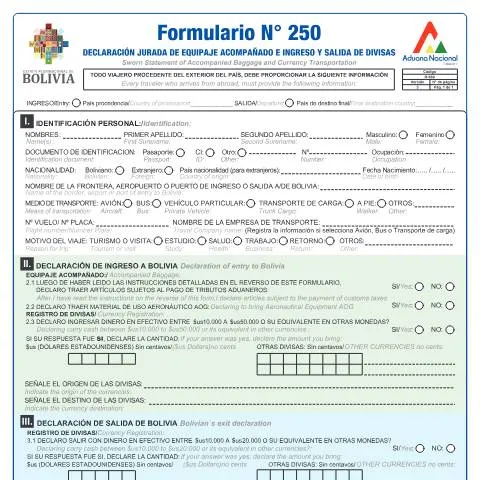 Vista previa del documento Importancia del Formulario 250 en Viajes a Bolivia — Trámites administrativos (CERFA n°Form 250)