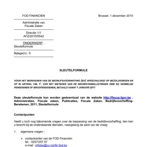 Aperçu du document Comprendre la Sleutelformule pour le précompte professionnel — Impôts & fiscalité (CERFA n°Sleutelformule januari 2011)
