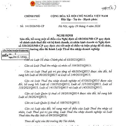 Document preview: Nghị Định 141/2026/NĐ-CP: Những Điểm Mới Về Chính Sách Thuế — Thuế & tài chính (CERFA n°141/2026/NĐ-CP)