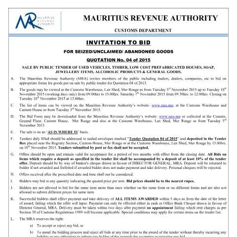 Document preview: Unlock Opportunities with Quotation No. 4 of 2015 — Government & admin (InvitationTobid-04of2015)