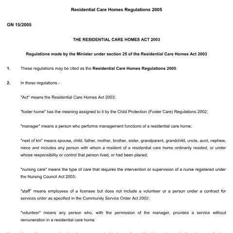 Document preview: Understanding the Residential Care Homes Regulations No 15 of 2005 in — Benefits & social aid (CERFA n°RESIDENTIAL-CARE-HOMES-REGULATIONS-No-15-of-2005-1)