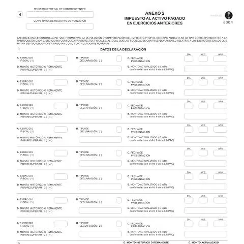 Vista previa del documento Formulario de Impuesto al Activo Pagado en Ejercicios Anteriores — Impuestos (CERFA n°Anexo 2 de las formas oficiales 32 y 41)