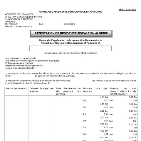 Aperçu du document Comprendre l'attestation de résidence fiscale en Algérie — Impôts & fiscalité (CERFA n°CFIC29Attestation de residence fiscale en Algerie)