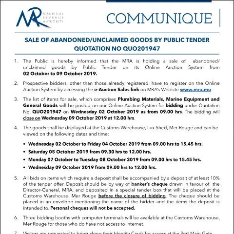 Document preview: Discover Opportunities in Abandoned Goods Sale — Government & admin (CERFA n°Communique47of2019)