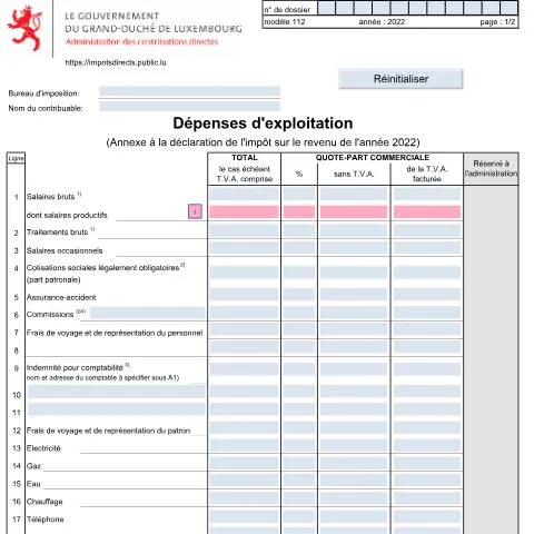Aperçu du document Comprendre le Formulaire 112 pour vos dépenses d'exploitation — Impôts & fiscalité (CERFA n°112)