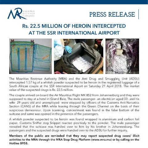 Document preview: Significant Heroin Interception at SSR International Airport — Government & admin (PressRelease230418)