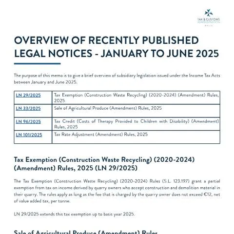 Document preview: In-Depth Guide to Malta's 2025 Legal Notices — Taxes (CERFA n°overview-of-recently-published-legal-notices-january-to-june)