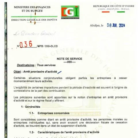Aperçu du document Comprendre l'arrêt provisoire d'activité en Côte d'Ivoire — Démarches administratives