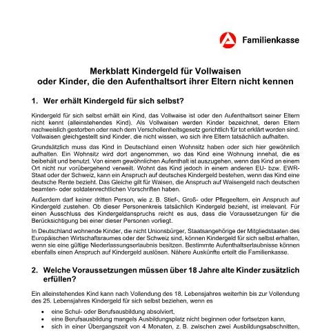 Dokumentvorschau: Merkblatt BA031095 für Vollwaisen und unbekannte Aufenthaltsorte der — Familie (CERFA n°merkblatt_ba031095)