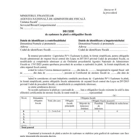 Document preview: Eșalonarea la plată a obligațiilor fiscale în România — Impozite & fiscalitate (CERFA n°A6_OPANAF_1767_2021)