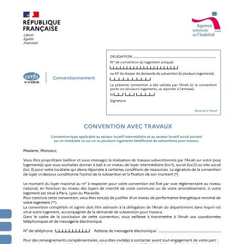 Aperçu du document Demande de convention Anah avec travaux pour propriétaires bailleurs — Logement (CERFA n°14039*06)