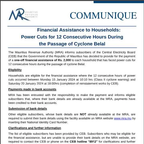 Document preview: Financial Support for Households Impacted by Cyclone Belal Power — Benefits & social aid (CERFA n°CommuniquePowerCuts210224)