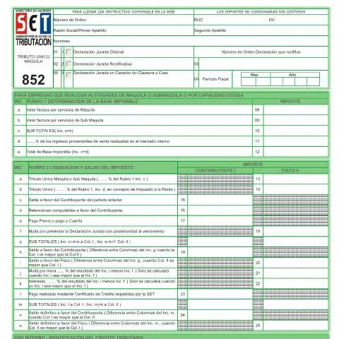 Vista previa del documento Formulario 852: Declaraciones Juradas en Paraguay — Impuestos (CERFA n°F852)