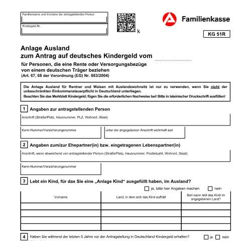 Dokumentvorschau: Wichtige Informationen zum Formular KG 51R für Auslandsrentner — Familie (CERFA n°kg51r-anlageausland_ba035160)