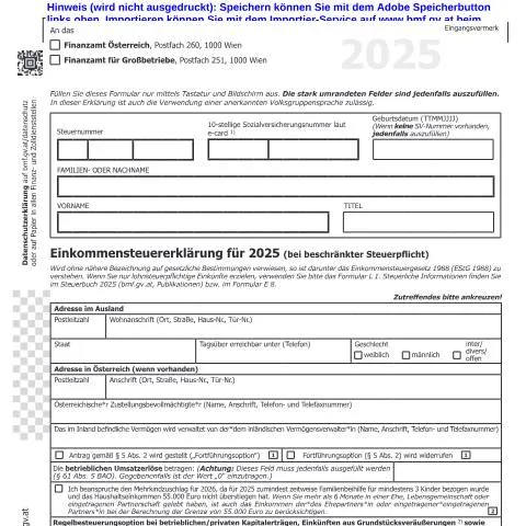 Dokumentvorschau: E7 Einkommensteuererklärung 2025 für beschränkte Steuerpflicht — Steuern (CERFA n°E7)