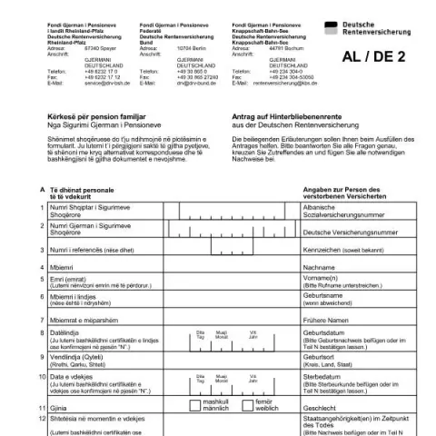 Dokumentvorschau: Antrag auf Hinterbliebenenrente (Formular E8902) – Albanisch — Rente & Pension (E8902)