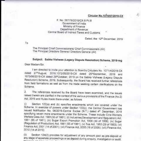 Document preview: Circular Dated December 12, 2019: Key Clarifications on Sabka Vishwas — Government & admin (CERFA n°circular-dated-12122019)