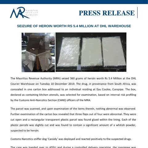 Document preview: Significant Heroin Seizure at DHL Warehouse in Mauritius — Government & admin (CERFA n°DrugSeizure121219)