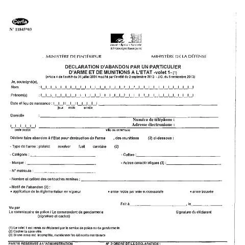 Aperçu du document Comment déclarer l'abandon volontaire d'armes et munitions — Juridique & justice (CERFA n°11845*03)