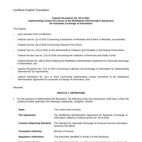 Document preview: UAE adopts Cabinet Resolution 93 of 2021 for automatic information — Government & admin (CERFA n°Cabinet Resolution No (93) of 2021)