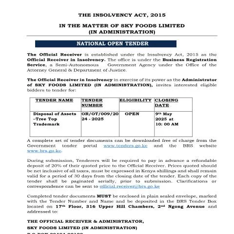 Document preview: Essential Information on Tree Top Trademark Tender Notice — Government & admin (CERFA n°TENDER-NOTICE-DISPOSAL-OF-ASSETS-TREE-TOP-TRADEMARK)