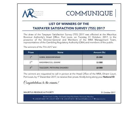 Document preview: Taxpayer Satisfaction Survey 2017 Winners Announced — Taxes (CERFA n°TSSDraw2017)