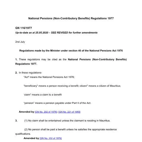 Document preview: Mauritius Non-Contributory Pension Regulations Overview — Benefits & social aid (CERFA n°national-pensions-non-contributory-benefits-regulations-no-116-1977)