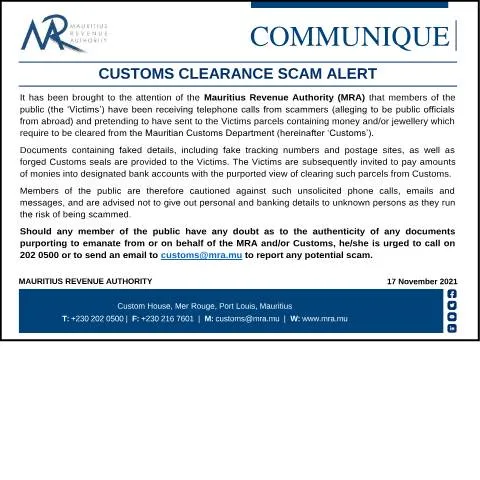 Document preview: Important Customs Clearance Scam Alert for the Public in Mauritius — Government & admin (CommuniqueScam171121)