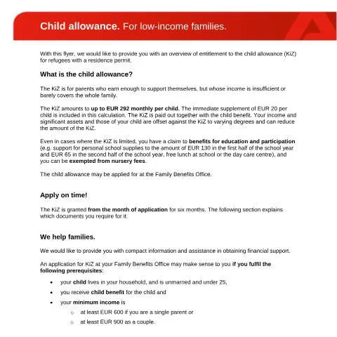 Dokumentvorschau: Wichtige Informationen zum Kinderzuschlag für Familien — Familie (CERFA n°flyer-kinderzuschlag-englisch_ba038451)