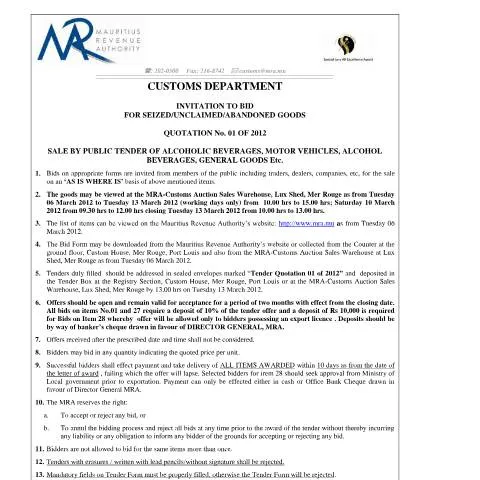 Document preview: Explore the 2012 Auction Sales Bid Invitation — Government & admin (CERFA n°NoticeQ1of2012)