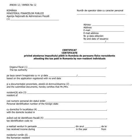 Document preview: Certificatul privind impozitul plătit de nerezidenți în România — Impozite & fiscalitate (CERFA n°A12_OMFP_583_2016)