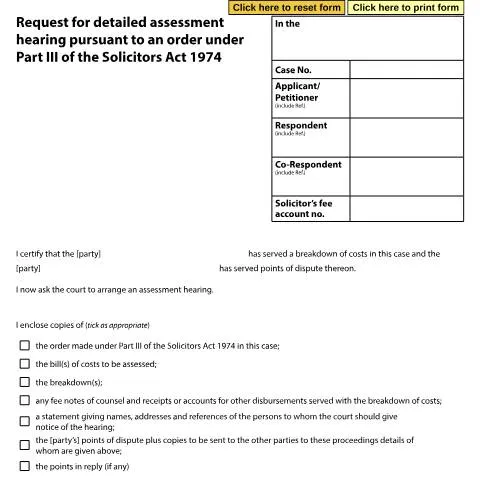 Document preview: Request for a Detailed Assessment Hearing under the Solicitors Act — Legal & justice