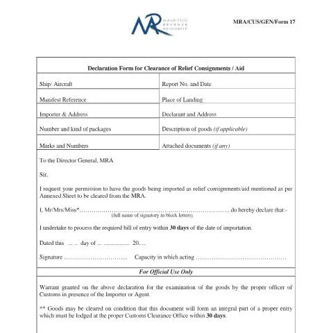 Document preview: Understanding the MRACUSGENFORM17 for Relief Consignments — Government & admin (CERFA n°MRACUSGENFORM17)