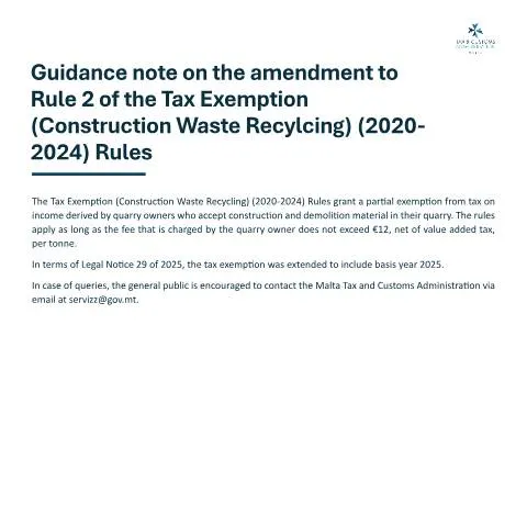 Document preview: Understanding Malta's 2025 Tax Exemption for Construction Waste — Taxes (CERFA n°guidance-note---tax-exemption-(construction-waste-recycling))