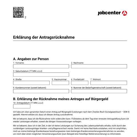 Dokumentvorschau: Wichtige Informationen zur Antragsrücknahme für Bürgergeld — Behörden & Verwaltung (CERFA n°erklaerung-der-antragsruecknahme_ba053139)