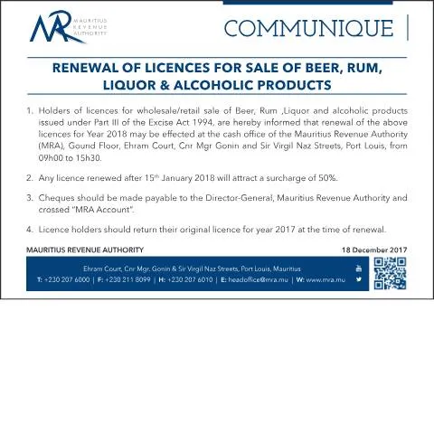 Document preview: Essential Steps for Renewing Alcohol Sales Licences in Mauritius — Government & admin (Licences181217)
