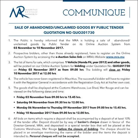 Document preview: Understanding Public Tender Sales of Abandoned Goods — Government & admin (CERFA n°CommuniqueQ30of2017)