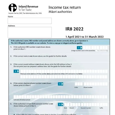 Document preview: A Guide to the IR8 Income Tax Return for Māori Authorities — Taxes (CERFA n°IR8)