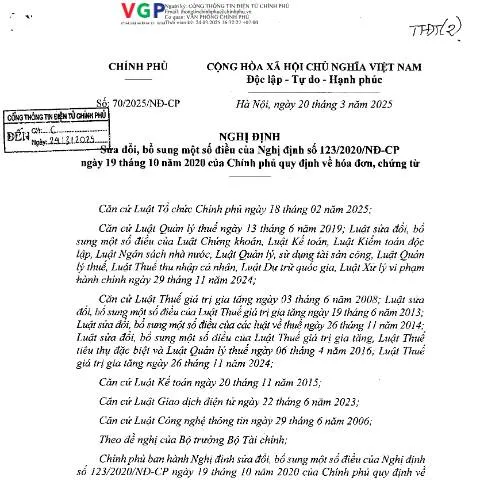 Document preview: Nghị định 70/2025/NĐ-CP và tác động đến hóa đơn tại Việt Nam — Thủ tục hành chính (CERFA n°70/2025/NĐ-CP)