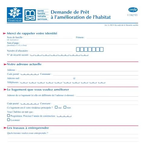 Aperçu du document Prêt amélioration habitat MSA : financement travaux agriculteurs — Logement (CERFA n°11382*03)