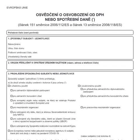 Document preview: Účel osvědčení o osvobození od DPH a spotřební daně — Daně a fiskální záležitosti (CERFA n°25 5242)