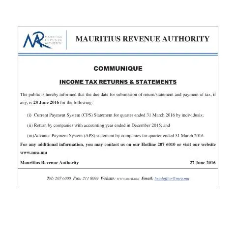 Document preview: Mastering the Advance Payment Tax Form in Mauritius — Taxes (CERFA n°AdvancePayment)