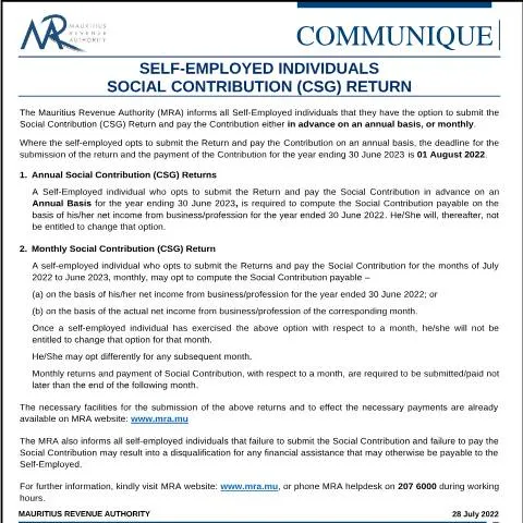Document preview: Understanding the CSG Return for Self-Employed in Mauritius — Taxes (CERFA n°CommuniqueCSG280722)