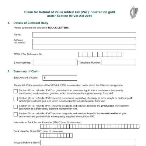 Document preview: Claim a Refund of VAT on Gold under Section 90 Vat Act 2010 — Taxes (VAT 90)