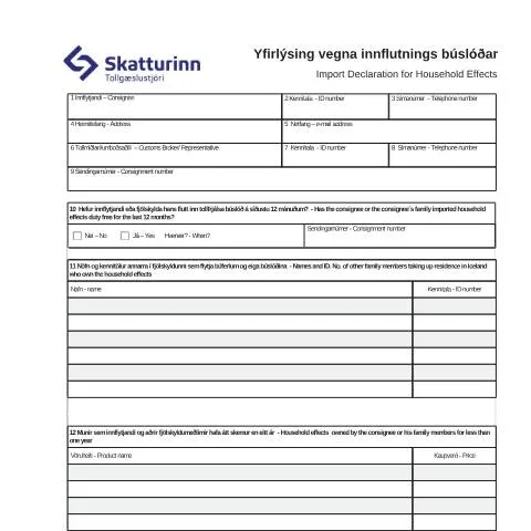 Document preview: Yfirlýsing vegna innflutnings búslóðar - TS-108 — Tollur & innflutningur (CERFA n°TS-108)