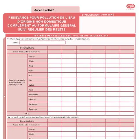 Aperçu du document Redevance pollution eau : déclaration de suivi des rejets — Démarches administratives (CERFA n°13728*05)