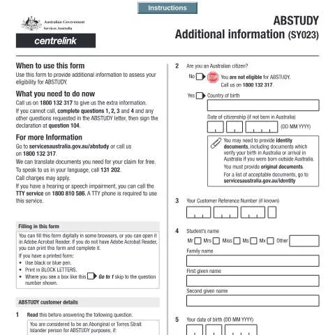 Document preview: Essential Guide to the ABSTUDY Additional Information Form — Benefits & social aid (CERFA n°SY023)