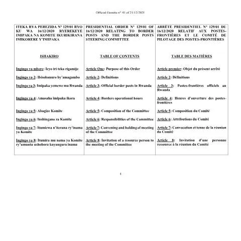 Document preview: Rwanda Border Post Regulations December 2020 — Government & admin (CERFA n°official_gazette_n__41_of_21.12.2020_imipaka_border_post__2_)
