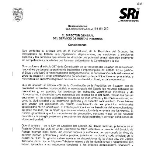 Vista previa del documento Resumen de la resolución NAC-DGERCGC13-00446 del SRI en Ecuador — Impuestos (CERFA n°NAC-DGERCGC13-00446,+Suplemento+del+R.O.+62+de+20-08-2013)